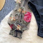 Bodys vintage broderie gaze col montant à manches longues pour femmes