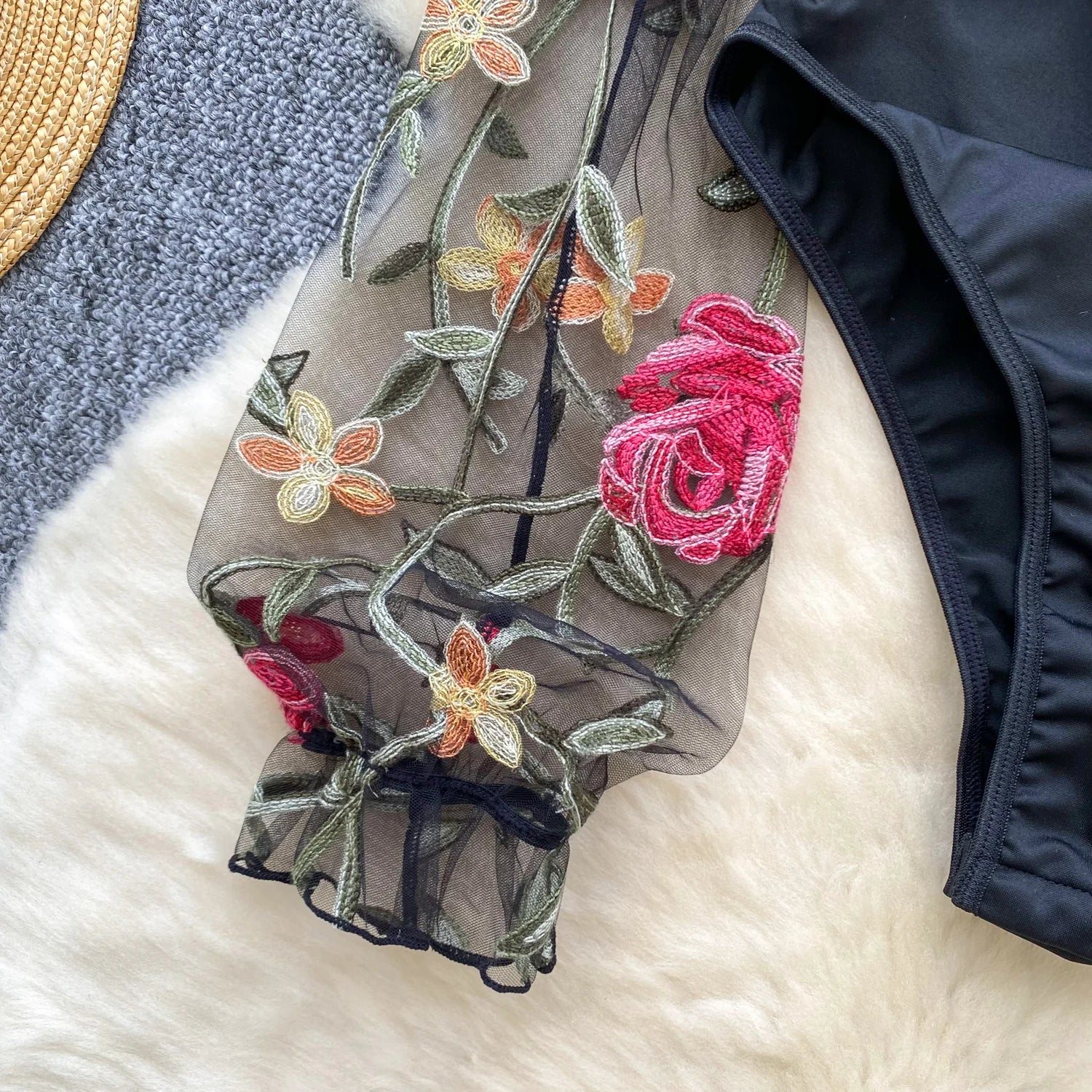 Bodys vintage broderie gaze col montant à manches longues pour femmes