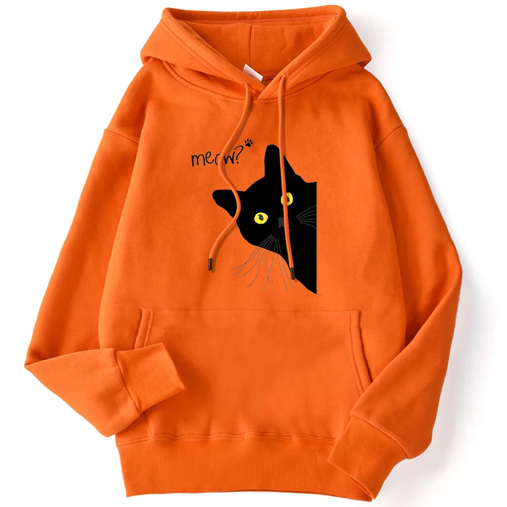 Sweat à capuche imprimé chat noir Meow pour femmes