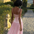 Robe longue rose sexy à bretelles fines pour femmes