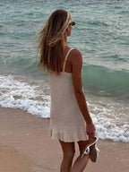 Robe mini sexy en maille crochet à col V et volants pour femmes