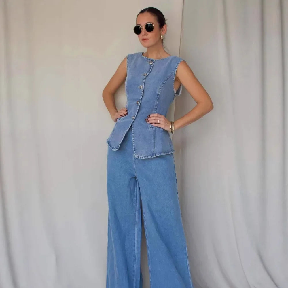 Ensemble gilet et pantalon en jean taille haute amincissant pour femmes