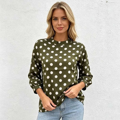 Chemisier à Pois Femme – Col Montant et Manches Longues