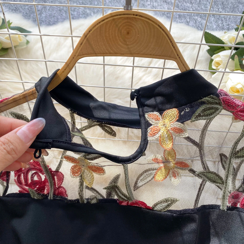 Bodys vintage broderie gaze col montant à manches longues pour femmes