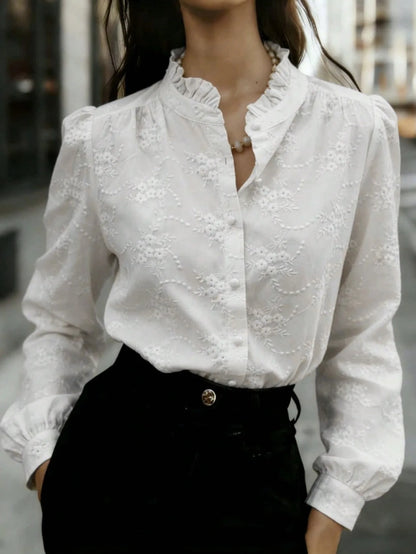 Chemisier Jacquard Fleuri Femme – Ajouré et Col à Volants
