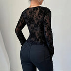T-shirt à col V en dentelle et maille à manches cloche  pour femmes
