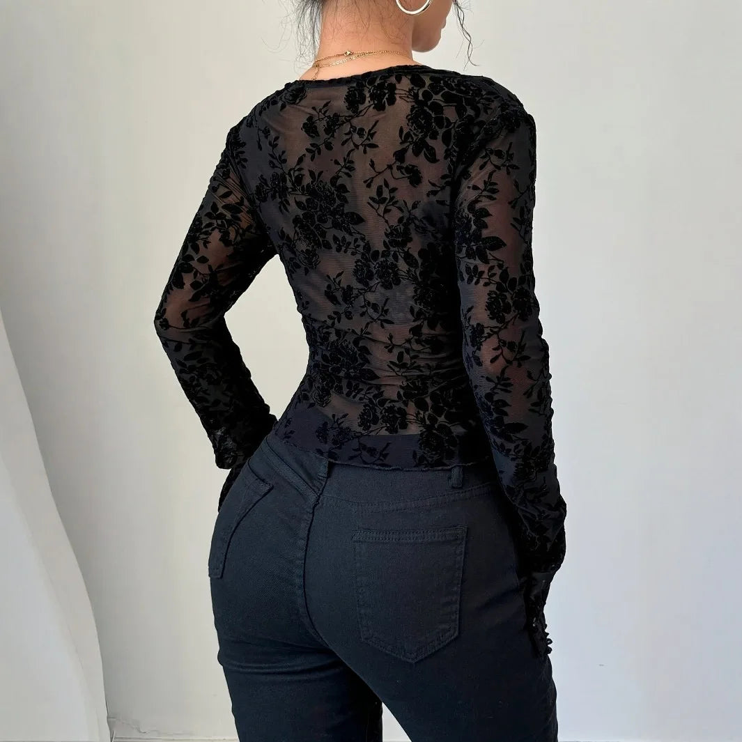T-shirt à col V en dentelle et maille à manches cloche  pour femmes