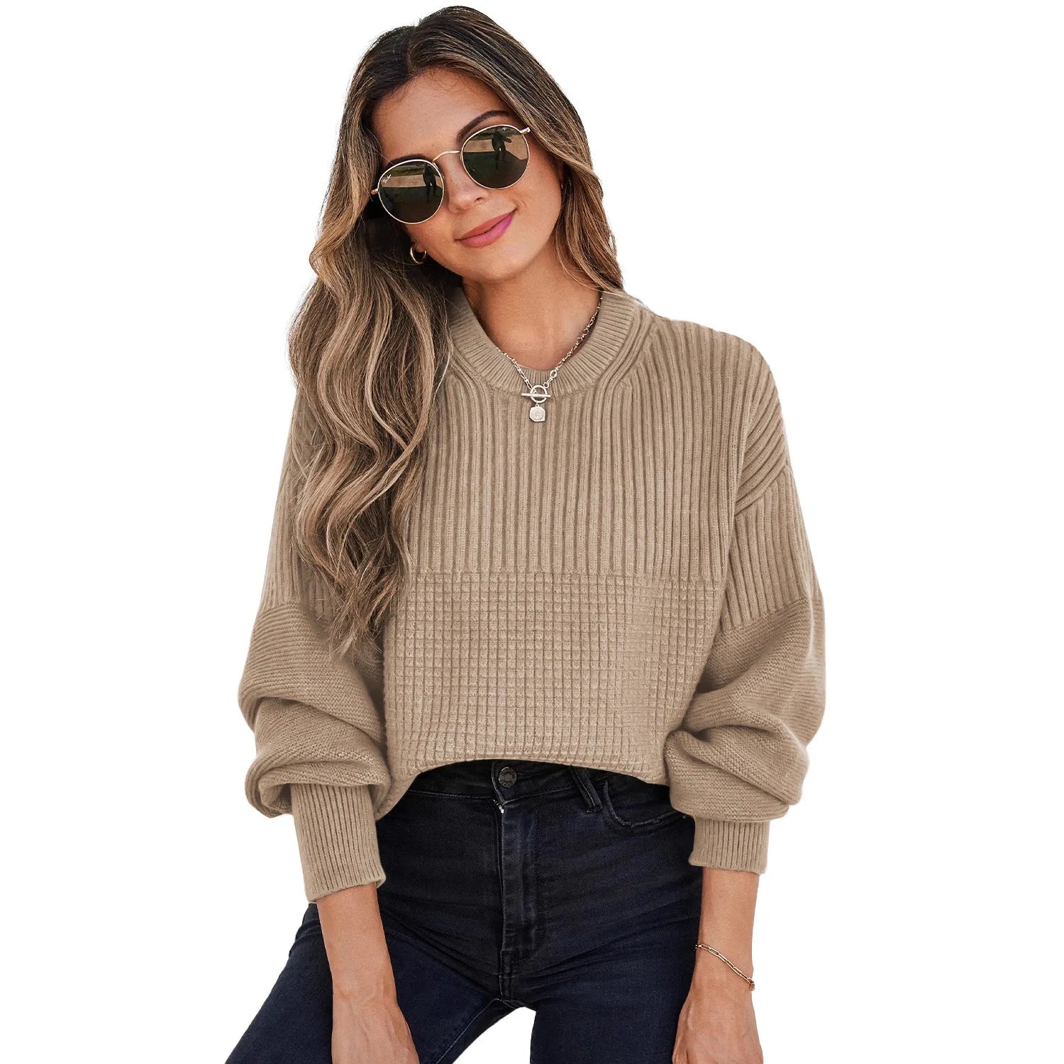 Pull en tricot décontracté à manches longues et col rond pour femmes