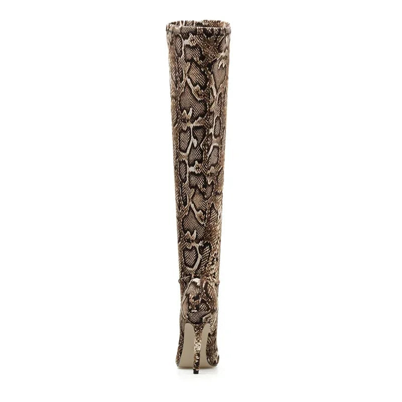 Bottes au-dessus du genou à bout pointu en cuir de serpent pour femmes