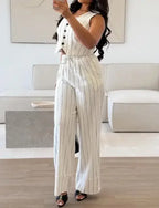 Ensemble deux pièces débardeur court rayé à col V et pantalon large décontracté taille haute avec poches pour femmes