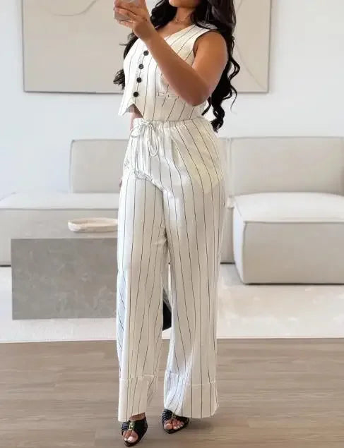 Ensemble deux pièces débardeur court rayé à col V et pantalon large décontracté taille haute avec poches pour femmes