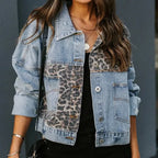 Veste en jean patchwork imprimé léopard pour femmes