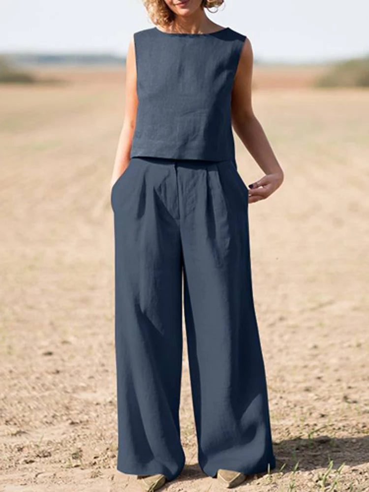 Ensemble deux pièces haut ample à col rond et pantalon à jambes larges pour femmes