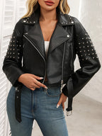 Veste courte en similicuir noir à rivets pour femmes