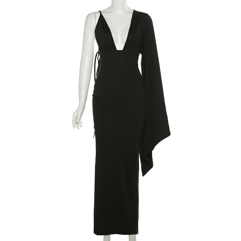 Robe longue dos nu à une manche et décolleté plongeant pour femmes