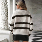 Pull rayé en maille à col V pour femmes
