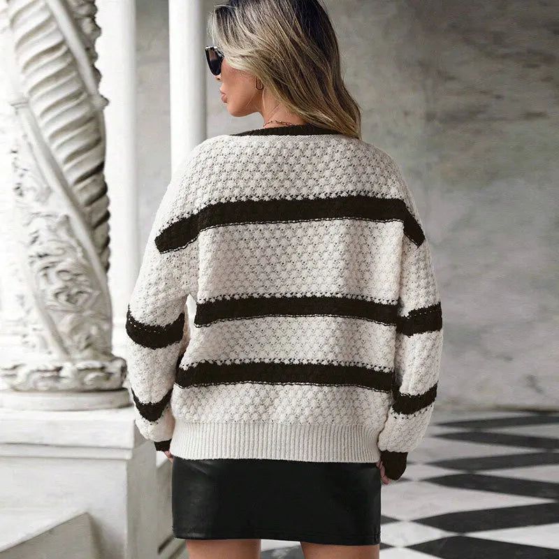 Pull rayé en maille à col V pour femmes