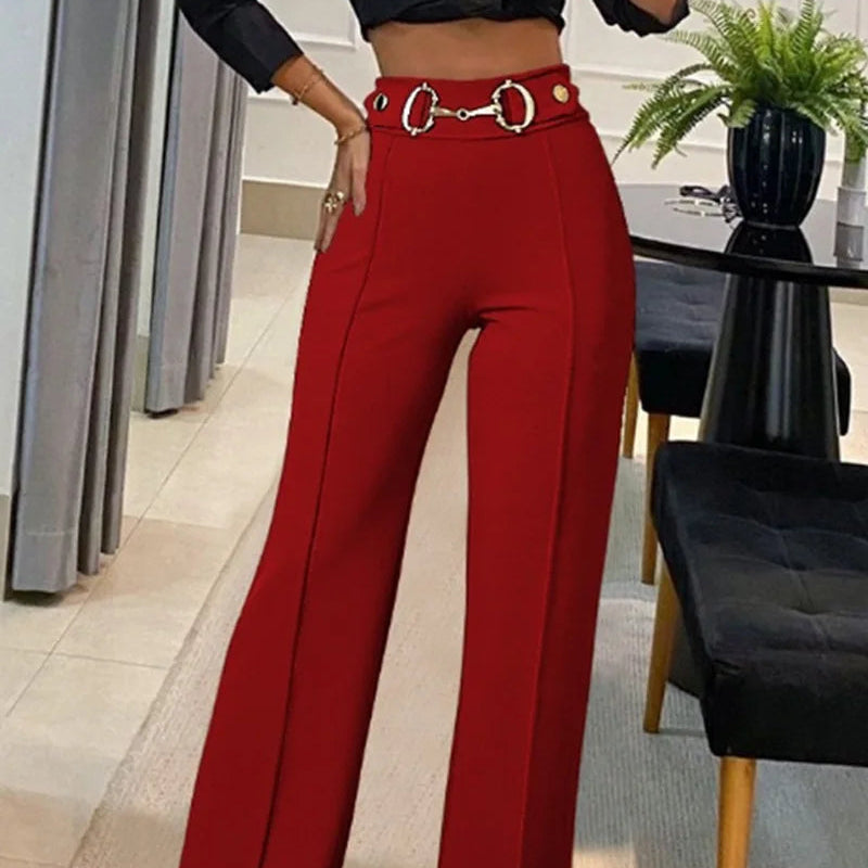 Pantalon taille haute  couleur unie, avec embellissements et boucles métalliques pour femmes