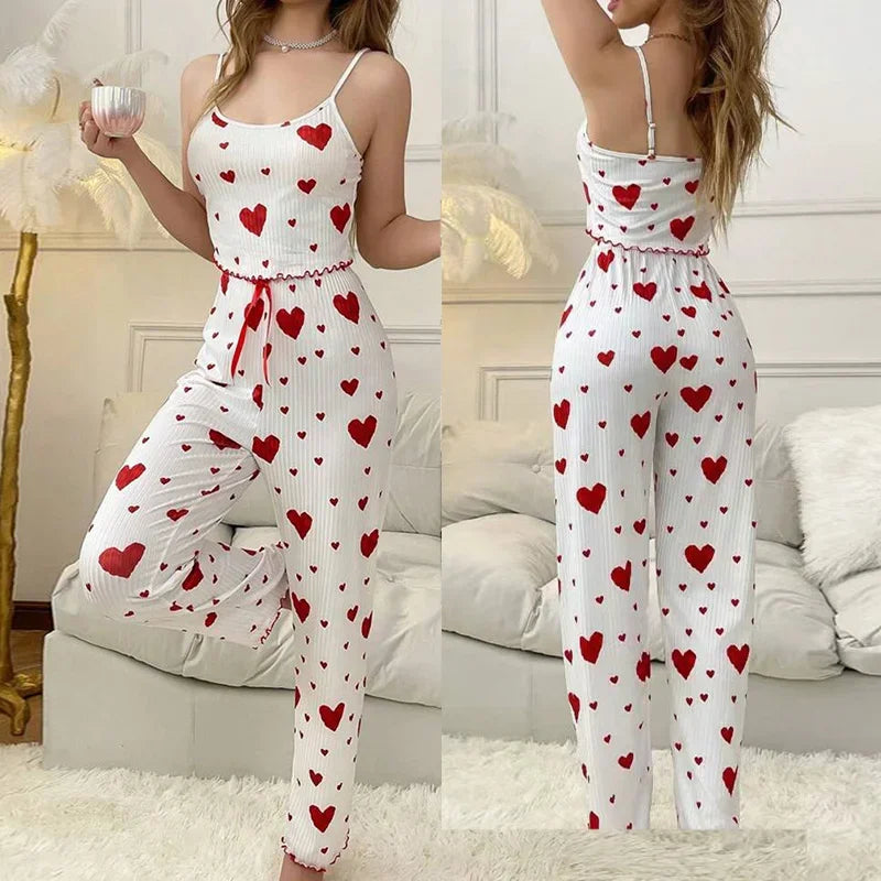 Pyjama Satin Femme – Caraco et Pantalon à Cœurs