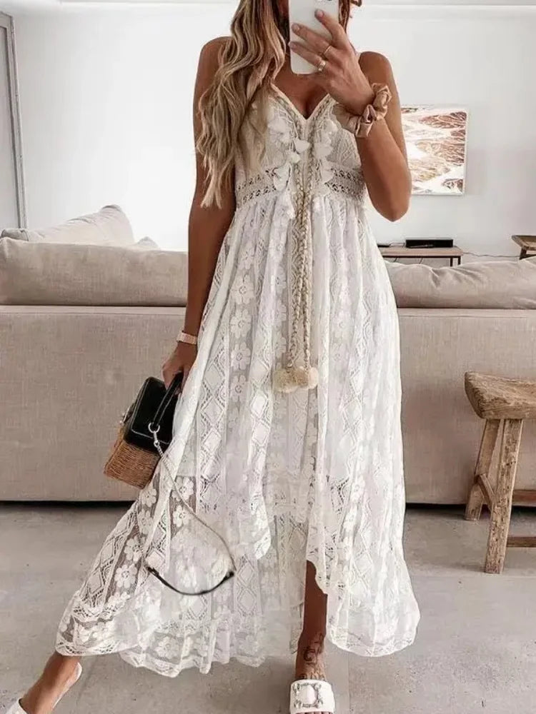 Robe Longue d'Été Femme – Dentelle et Col V