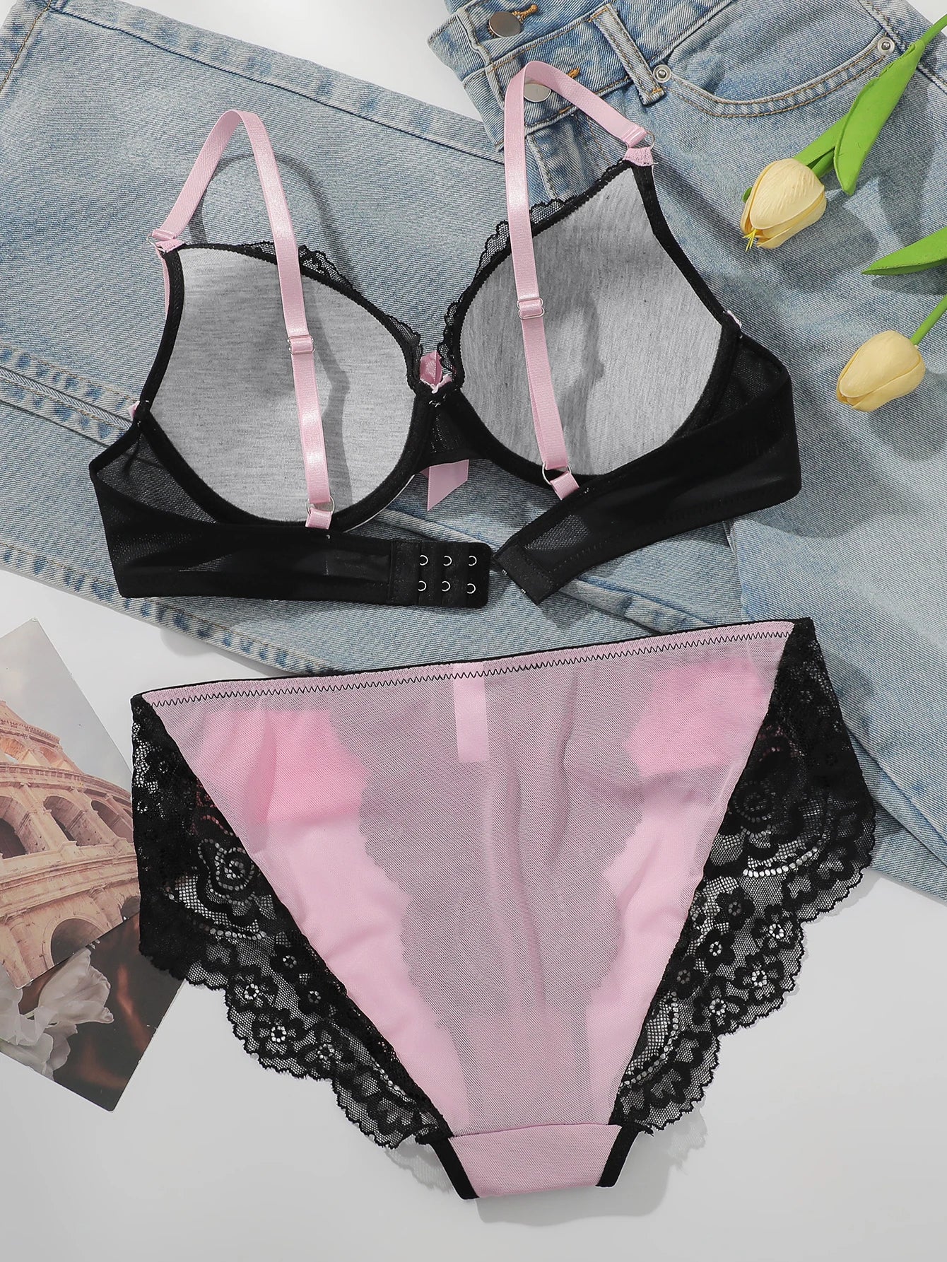 Ensemble de lingerie rose en dentelle pour femmes