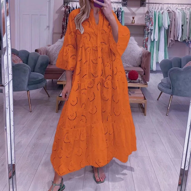 Robe longue en dentelle Jacquard brodée blanche au Crochet pour femmes
