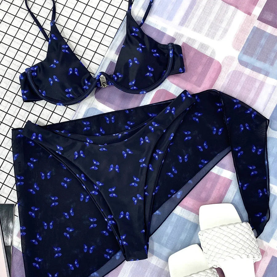 Maillot de bain trois pièces Push Up imprimé marbre, col en v, à armatures, pour femmes