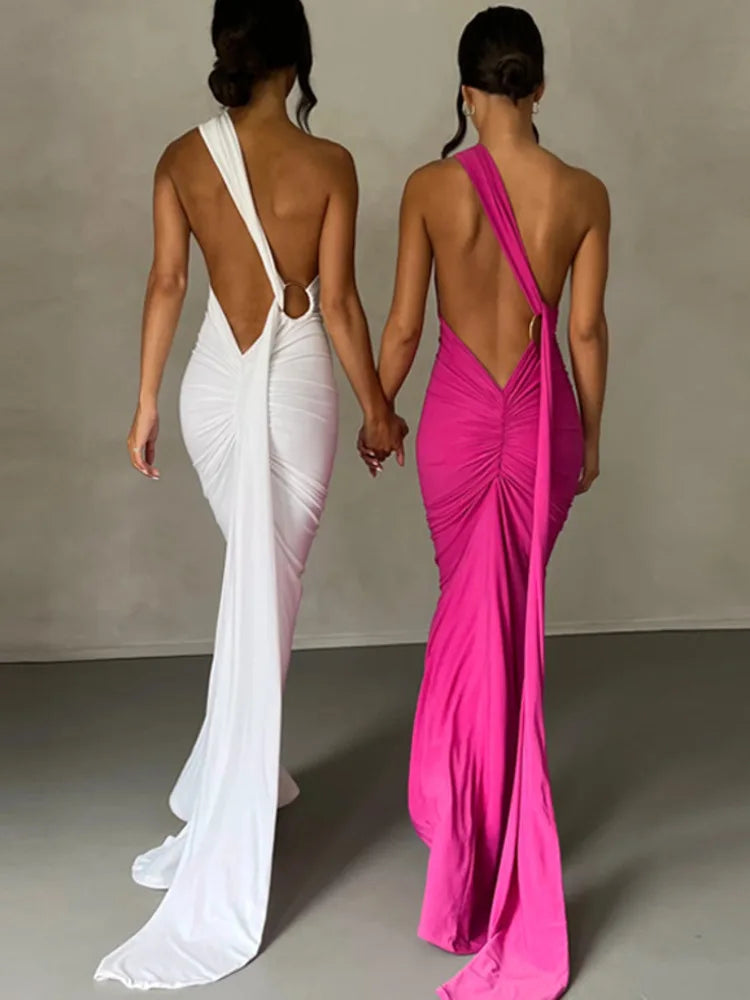 Robe longue dos nu à épaules obliques pour femmes