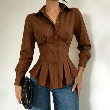 Chemise Ajustée Femme – Manches Longues et Taille Plissée