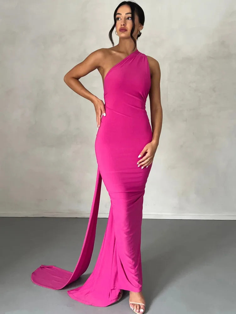 Robe longue dos nu à épaules obliques pour femmes