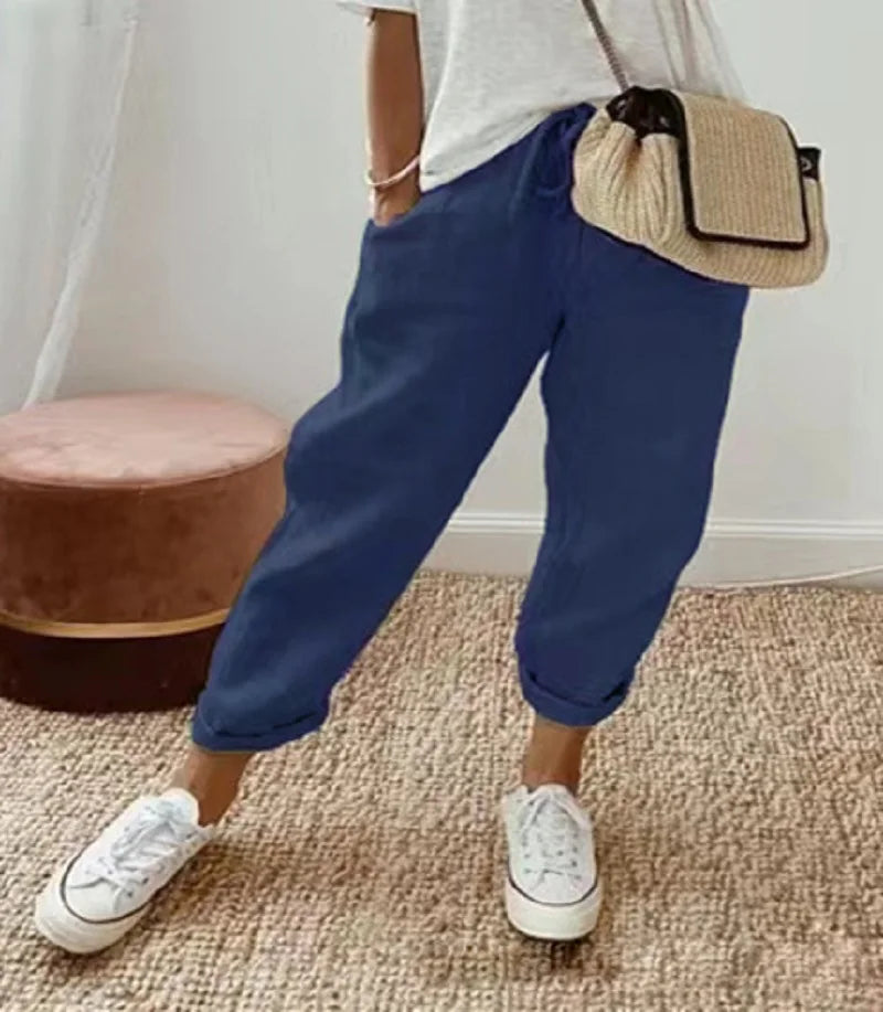 Pantalon court en coton et lin pour femmes