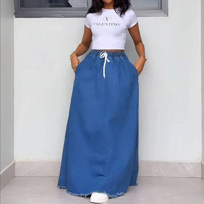 Jupe femme longue en jean bleu rétro
