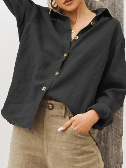 Chemise en Lin Femme – Col Rabattu et Manches Longues