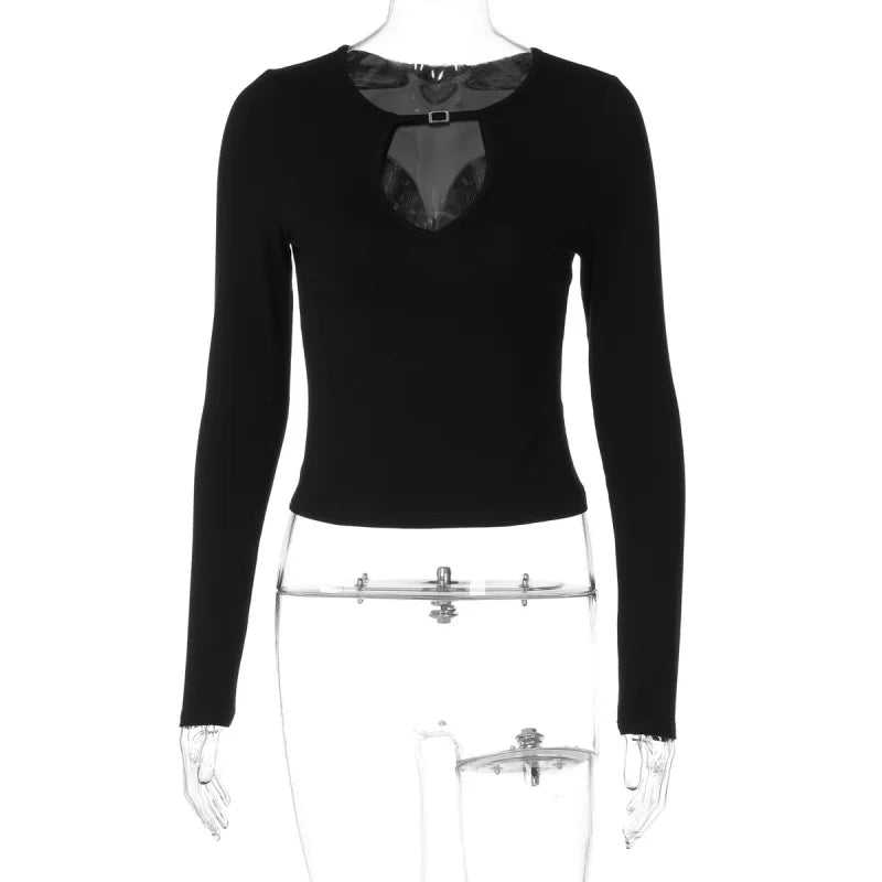 T-shirt Femme Noir à Découpes et Manches Longues