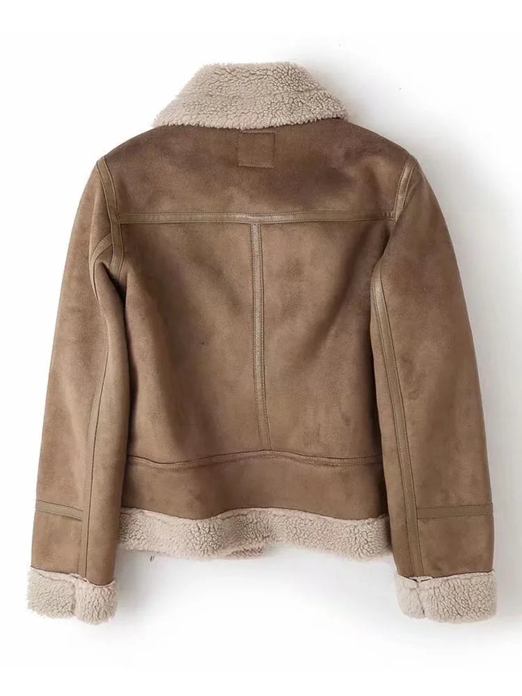 Manteau d'hiver élégant en suède avec fausse fourrure d'agneau pour femmes