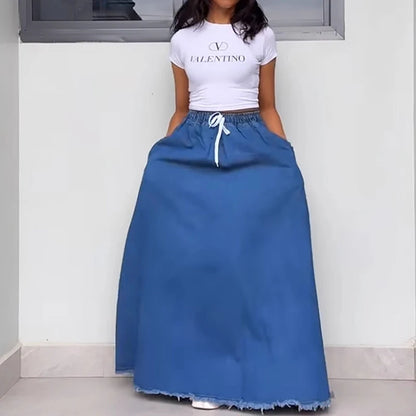 Jupe femme longue en jean bleu rétro