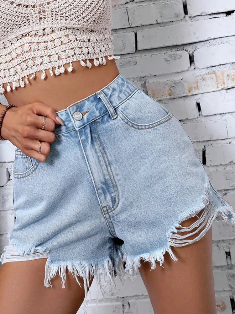 Short en Jean Femme – Taille Haute et Bords Effilochés