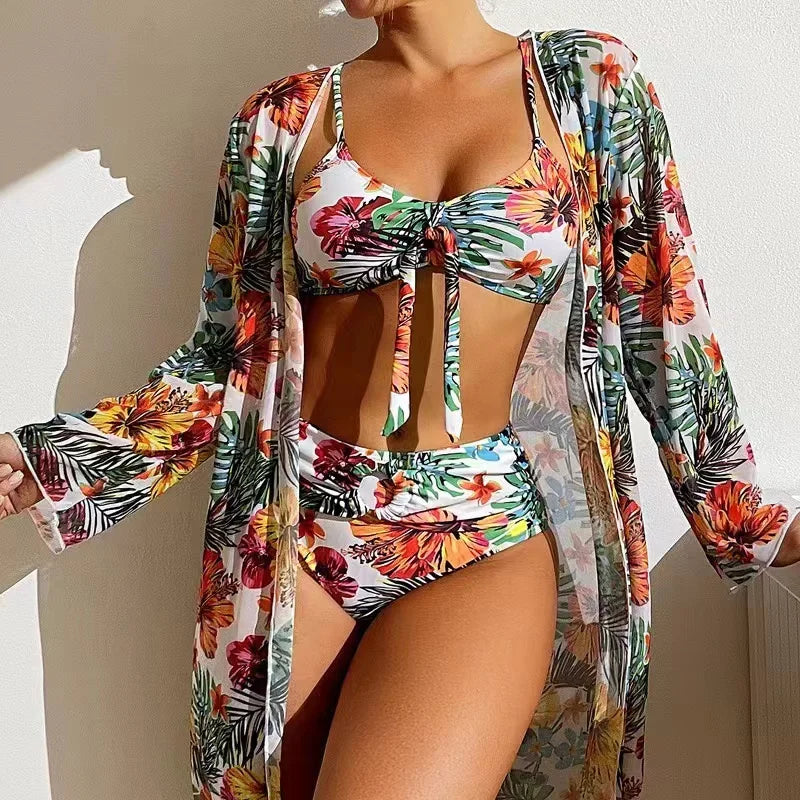 Maillot de bain trois pièces imprimé Floral, Sexy, taille haute, pour femmes