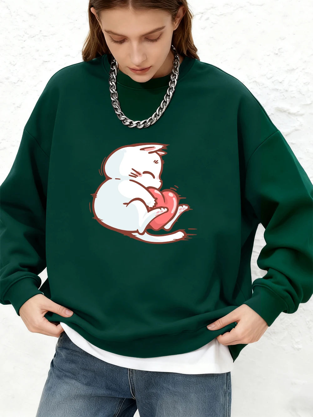 Sweat-shirt à imprimé chat et cœur rouge pour femmes