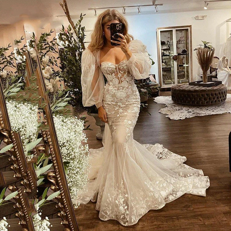 Robes de mariée sirène élégantes à manches bouffantes et décolleté en cœur pour femmes