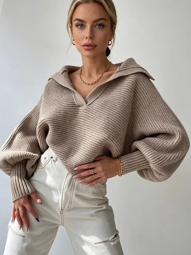 Pull en Maille Femme – Col V et Manches Lanternes