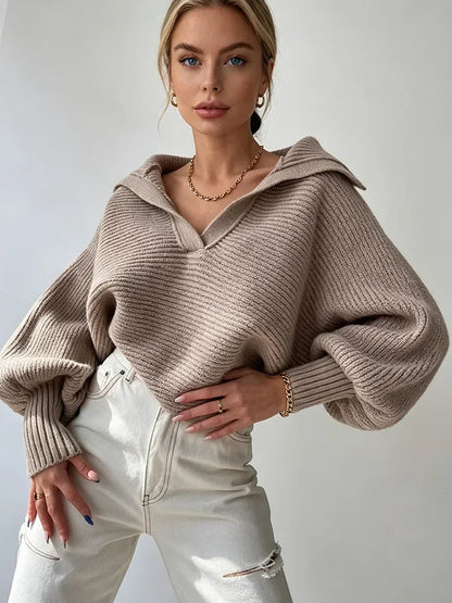 Pull en Maille Femme – Col V et Manches Lanternes