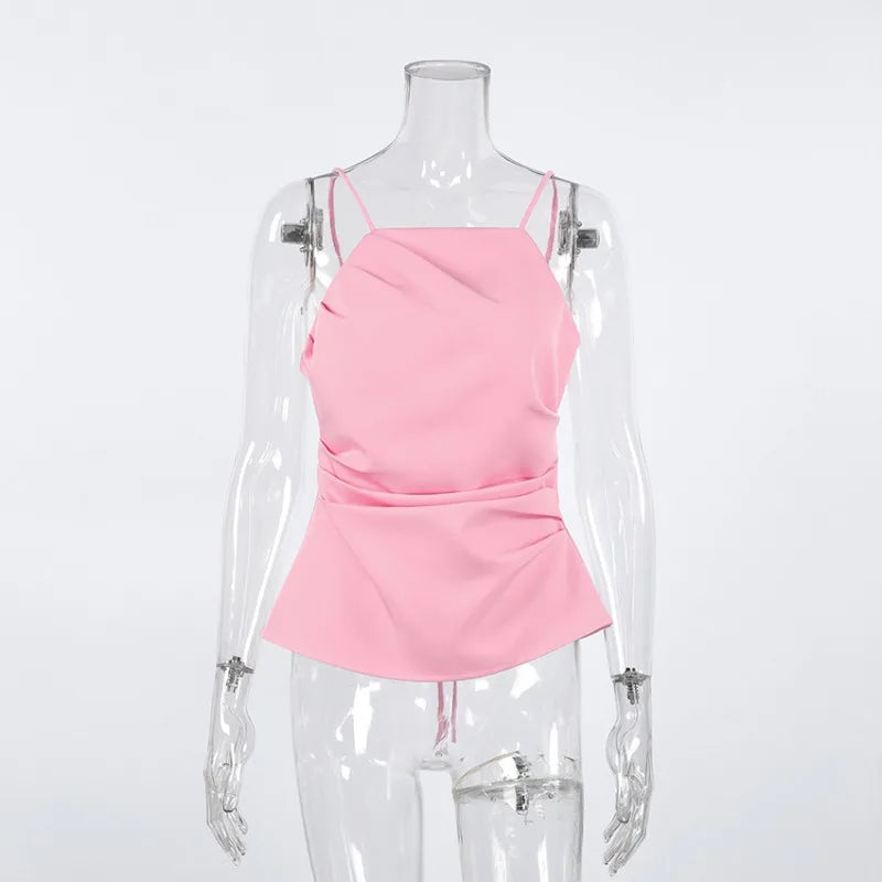 Débardeur rose sexy dos nu à lacets pour femmes