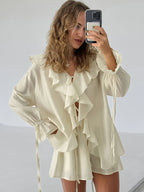 Ensembles deux pièces Cardigan à lacets, petit haut + short pour femmes