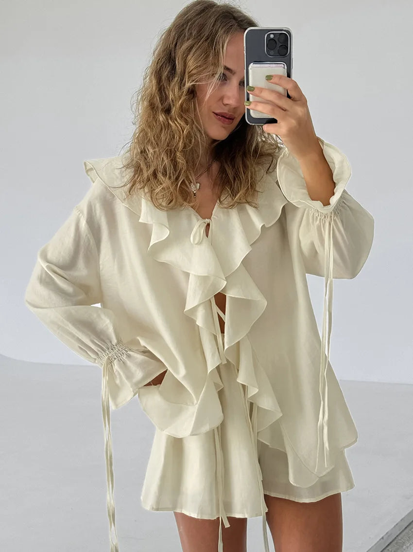 Ensembles deux pièces Cardigan à lacets, petit haut + short pour femmes