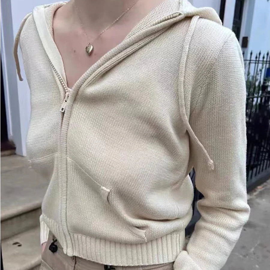 Cardigan tricoté en coton à capuche avec cordon de serrage et fermeture éclair pour femmes