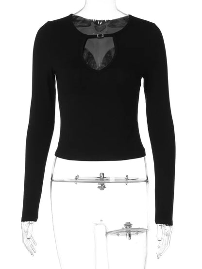 T-shirt Femme Noir à Découpes et Manches Longues