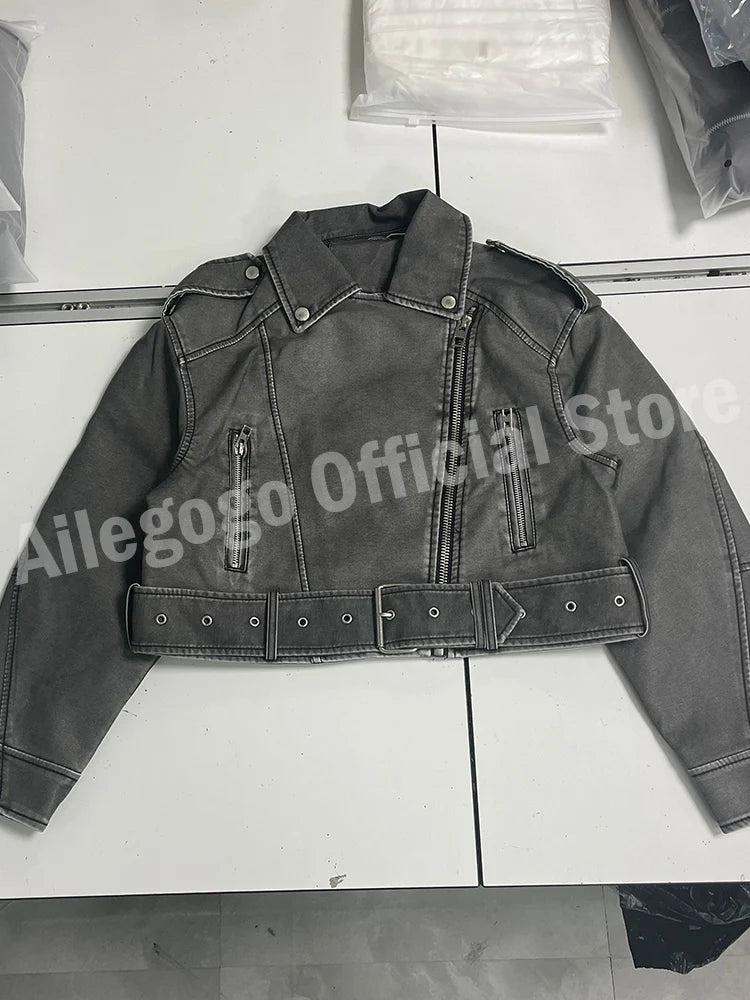 Veste vintage ample lavé en faux cuir pour femmes