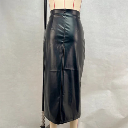 Jupe Midi Femme en Similicuir à Fente Haute
