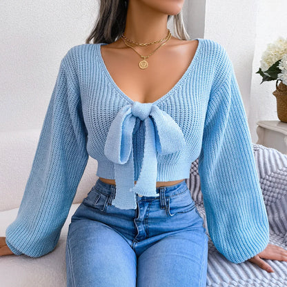 Pull Court Femme – Nœud Décoratif et Manches Évasées
